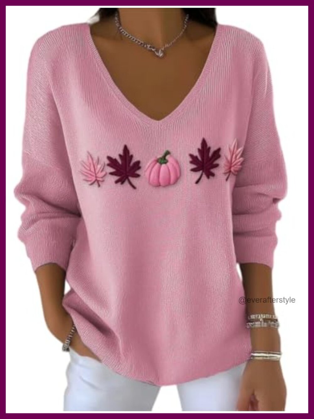 Womens Fall Long Sleeve V Neck Sweater Loose Pumpkin Embroidery Pullover